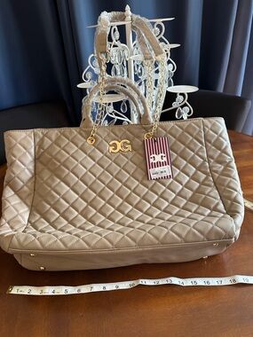 DG Quilted Tote Bag in Taupe with Gold Hardware